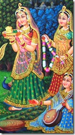 Gopis worshiping Radha and Krishna