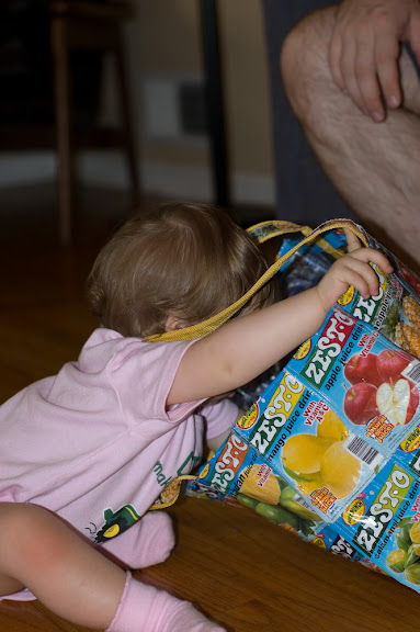 trying to get out of mommy's shopping bag