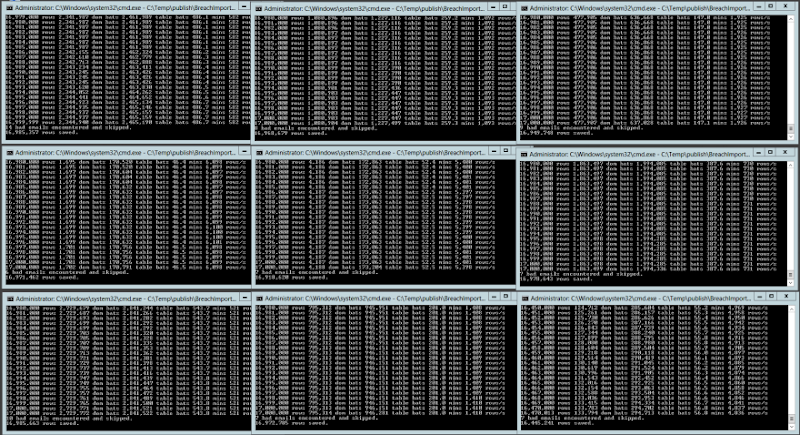 Nine instances of the importer console app running