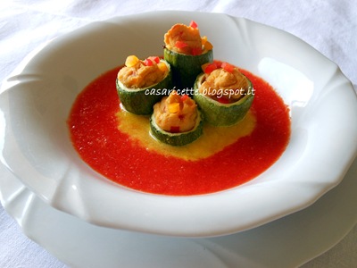 lcdr zucchine ripiene con mousse di ceci, coriandoli e salsa piccante di peperoni