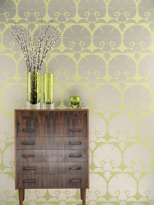 Their Wilde Carnation pattern (rows of stylized carnations in metallic and lacquer) would make such a distinctive and cool entryway. (osborneandlittle.com)
