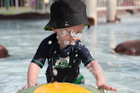 Oscar playing in the water jets