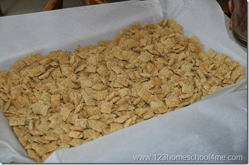 lay out chex on parchment lined sheet lay out chex on parchment lined sheet