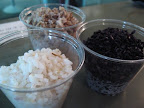 Rice Bonanza! Wild Rice in background, Forbidden Rice on right, and roasted long grain white rice on left.