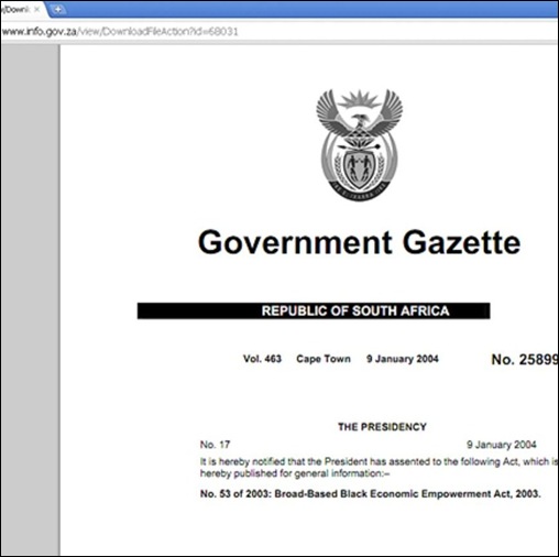 WHITE MEN EXCLUDED FROM LABOUR MARKET BB BEE  53 OF 2003 LAW GAZETTED 25899 9 JAN 2004 SIGNED