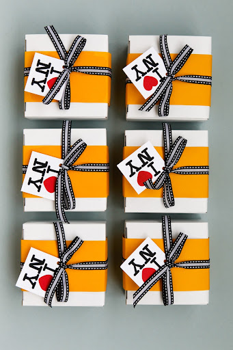 Another great favor: Black and white cookies (a New York classic) in boxes inspired by a New York taxi cab from One Girl Cookies.
