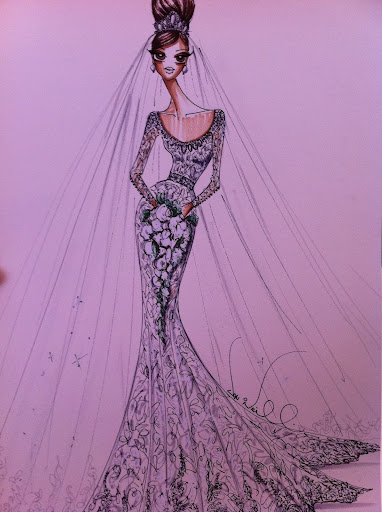For Kate's dress, he would just add more embroidery for increased drama -- this sketch illustrates the final look.