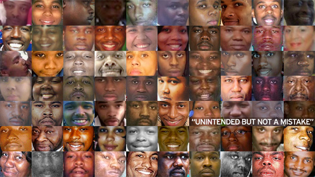 Portraits of unarmed people of color killed by U.S. police, 1999-2014. After the announcement that NYPD Officer Daniel Pantaleo would not be indicted for killing Eric Garner, the NAACP's Legal Defense Fund Twitter posted a series of tweets naming 76 men and women who were killed in police custody since the 1999 death of Amadou Diallo in New York. Photo: Gawker