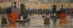 Hamnmotiv Art. nr 20076. Mått ink. ram 48x107 cm. Olja på papper. Signerad Keld Petersen