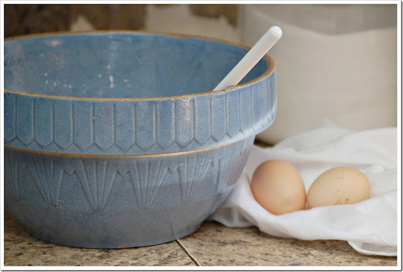 old blue bowl and fresh farm eggs