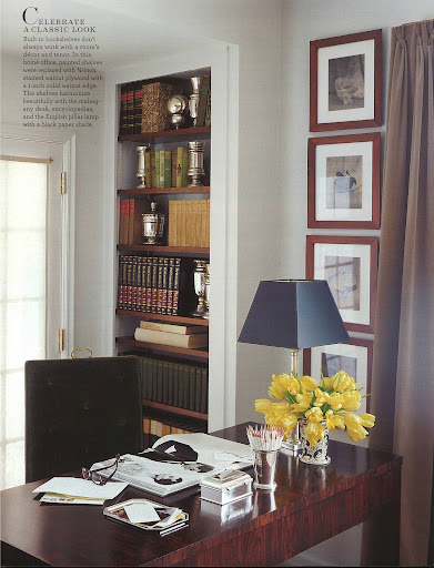 It was incredibly easy to update an old bookshelf by replacing the dusty, drab shelves with new pieces of dark wood. The result was clean, classic lines and a bookcase that nearly dissolves into the wall. This study beautifully demonstrates the hidden possibilities of a small space. It was incredibly easy to update an old bookshelf by replacing the dusty, drab shelves with new pieces of dark wood. The result was clean, classic lines and a bookcase that nearly dissolves into the wall. This study beautifully demonstrates the hidden possibilities of a small space.