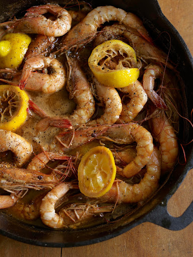 Bar B Q Shrimp cooked on a sizzling iron skillet is a staple of Louisiana cuisine. (Martha Stewart Living)