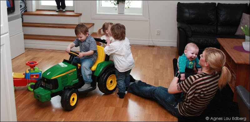Alex, Nikita och Nemo leker med traktorn. Evelina och Felix gosar!