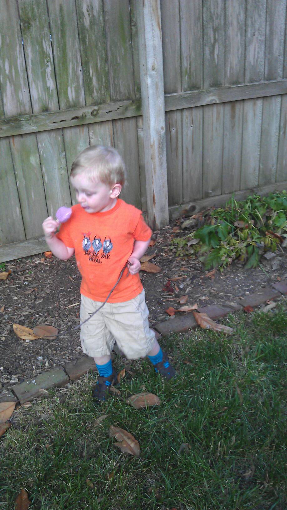 Multi tasking: eating yogurt bar and leaf blowing