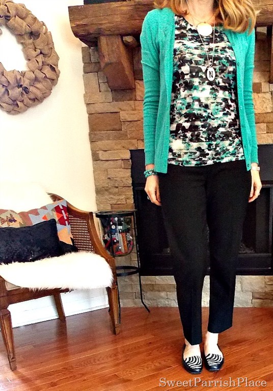 Black ankle pants, Tiered Floral tank, turquoise cardigan with zebra flats2