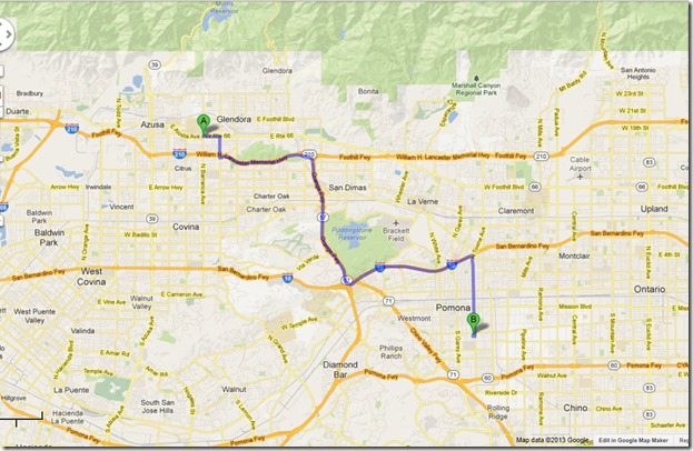 Map showing Glendora to Pomona