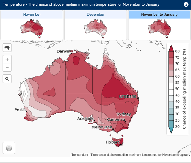 Predicted chance of above-median temperature for Australia, November 2014 to January 2015. Graphic: Australia Bureau of Meterology