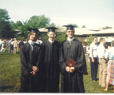 c0 L-R Me (Charles Cairns), Mark Jorritsma, and Craig Dykstra, graduating from Calvin College in 1985.