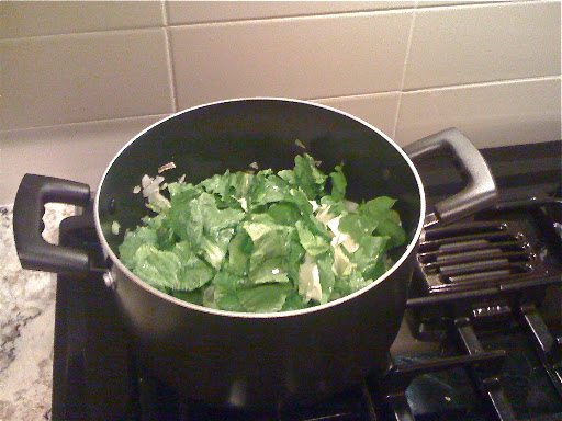 When the onions were soft (5 or 10 minutes), I threw in a whole head of chopped escarole on top, and tossed it around until it was wilted, about 3 minutes. (Plenty of greens would work here, from kale to beet greens - I probably could have thrown in this kohlrabi greens, too!)