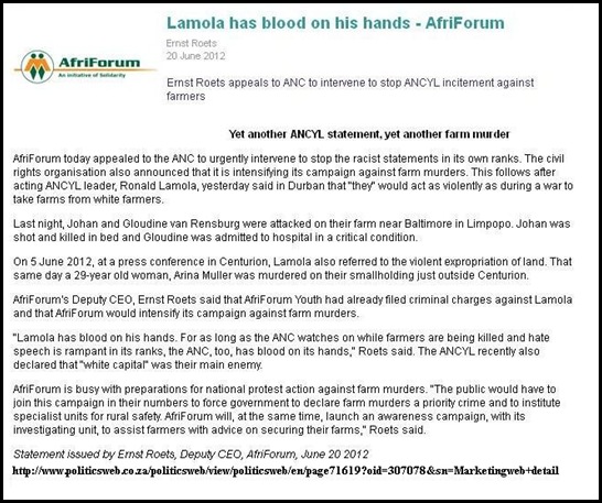 ANC LAMOLA BLOOD ON HANDS WAR DECLARATION AGAINST FARMERS AFRIFORUM STATEMENT BLOOD ON HANDS JUNE20 2012 ERNST ROETS