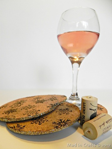 stamped cork coasters with a glittered edge