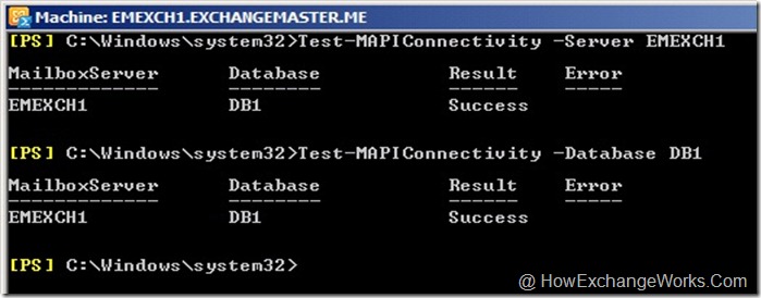 Test-MAPIConnectivity mailbox with database and server