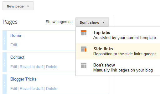 page settings in blogger