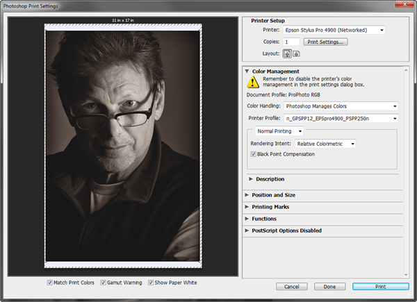 Photoshop CS6 Print Settings - Ilford Galerie Prestige Smooth Pearl Paper 310gsm