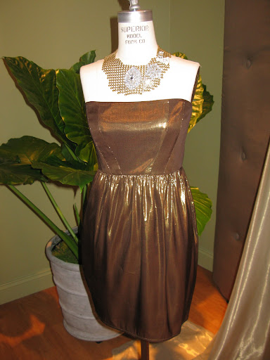 Liquid lame, burnished gold, from Shosanna and necklace from J.Crew.