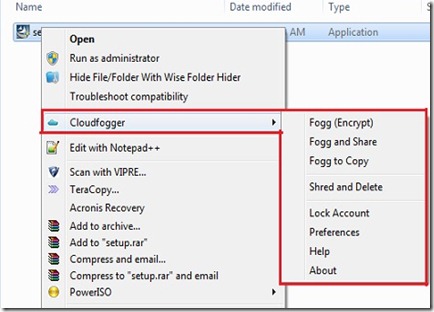Cloudfogger Context menu options 