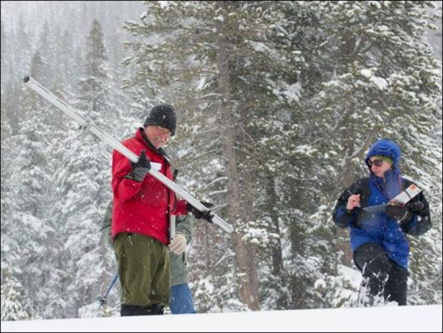 The California Department of Water Resources snow surveyors conduct winter's fourth snow survey at Phillips Station near Echo Summit on 1 April 2014. Photo: California Department of Water Resources