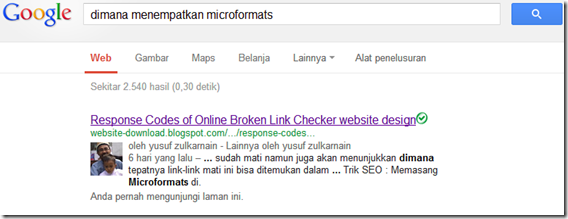 Tampilan SERP mengandung microformats foto Author