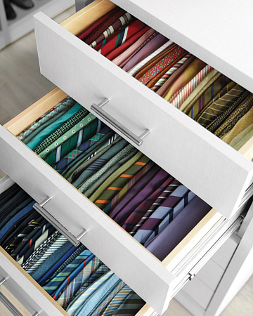 For the center island in my closet, we tailored drawer depths to their contents: 17 inches for ties (I have been obsessed with ties since working in Lord & Taylor's tie department while in college).
