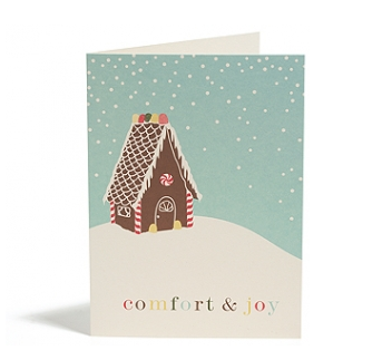 This gingerbread house card is so cute–I want to eat it up! Gingerbread House Card, $16 for a set of ten, Snow & Graham, snowandgraham.com.