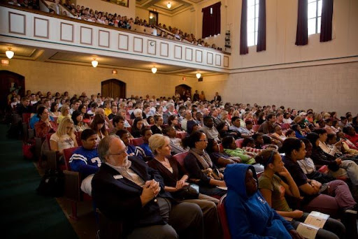 A full house welcomed Lucas at Drury's Clara Thompson Hall Thursday. (Photo courtesy of Drury University)