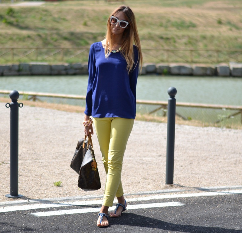 Royal blue, Mango, Zara, Mango pants, Mango trousers, Mango yellow, Zara royal blue, Zara blouse, Zara sunglasses, Top Shop