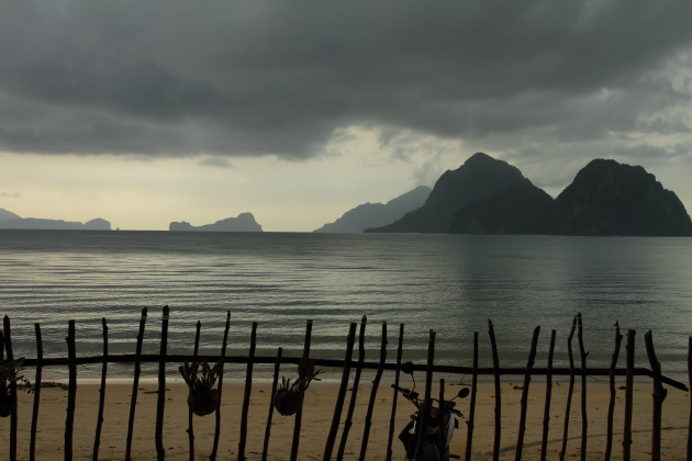 Silhouettes of the limestone karsts from Las Cabanas Beach, El Nido, Philippines
