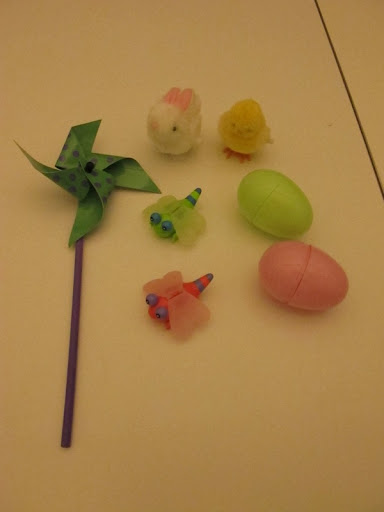 Here's a pinwheel, wind-up bunny and chick as well as these cute dragonfly toys and some colorful eggs.