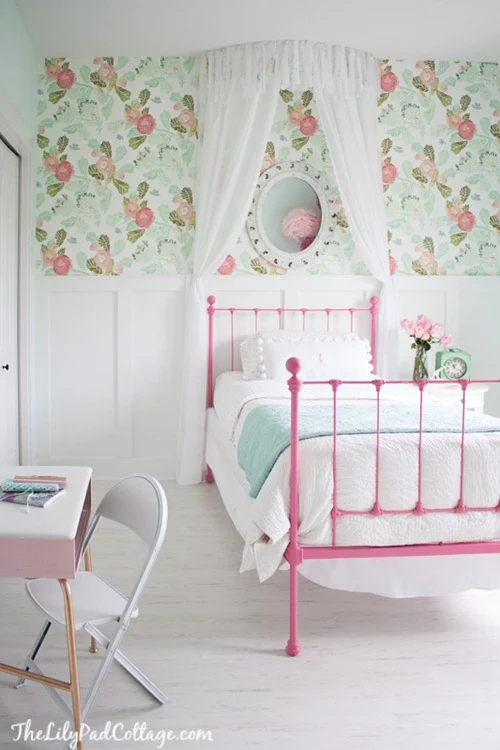 pink green floral wallpaper girls room
