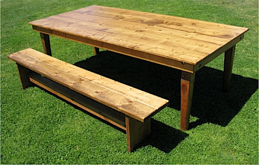 The rustic farm-style benches used for the ceremony seating, were rented from Zephyr Tents. They were perfect for the outdoor setting, and we later used them around the dance floor.