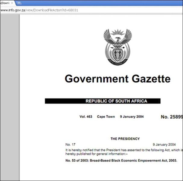 WHITE MEN EXCLUDED FROM LABOUR MARKET BB BEE  53 OF 2003 LAW GAZETTED 25899 9 JAN 2004 SIGNED