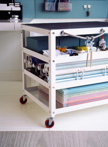 A cart outfitted with casters is a great place to house supplies.