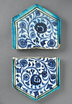 Two Tiles | Origin: Syria | Period: 15th century | Collection: The Madina Collection of Islamic Art, gift of Camilla Chandler Frost (M.2002.1.205a-b) | Type: Ceramic; Architectural element, Fritware, underglaze-painted, a) 5 7/8 x 6 in. (14.92 x 15.24 cm); b) 6 3/8 x 6 1/2 in. (16.19 x 16.51 cm)