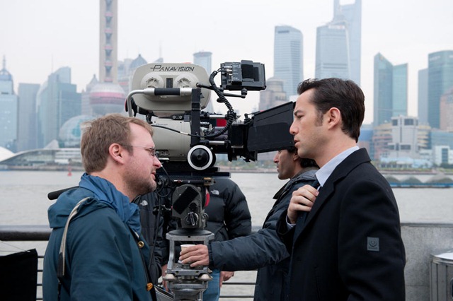 Director-Writer Rian Johnson and Joseph Gordon-Levitt on the set of TriStar Pictures, Film District, and End Game Entertainment's action thriller LOOPER.