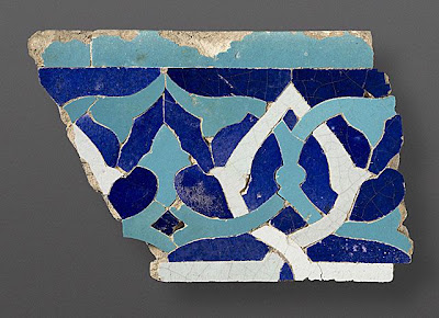 Section of a Tile Frieze, from ljeits Mausoleum The Legacy of Genghis Khan: Courtly Art and Culture in Western Asia, 1256-1353 | Origin: Iran, Sultaniyya | Period: 1307-1313 | Collection: The Madina Collection of Islamic Art, gift of Camilla Chandler Frost (M.2002.1.344) | Type: Ceramic; Architectural element, Earthenware, glazed, cut and assembled as a mosaic, 7 1/8 x 10 7/8 in. (18.1 x 27.6 cm)
