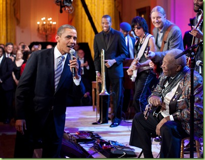 President Obama joins in singing “Sweet Home Chicago” during the “In Performance at the White House: Red, White and Blues” concert in the East Room of the White House, Feb. 21, 2012. Participants include, from left: Troy “Trombone Shorty” Andrews, Jeff Beck, Derek Trucks,  B.B. King, and Gary Clark, Jr.  (Official White House Photo by Pete Souza)

This official White House photograph is being made available only for publication by news organizations and/or for personal use printing by the subject(s) of the photograph. The photograph may not be manipulated in any way and may not be used in commercial or political materials, advertisements, emails, products, promotions that in any way suggests approval or endorsement of the President, the First Family, or the White House.