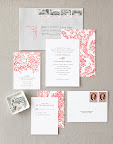 here is my stationery suite. I hand-painted a damask pattern that I then scanned and had letter-pressed. I also designed rubber stamps to use on the envelopes, and we chose vintage stamps for mailing.