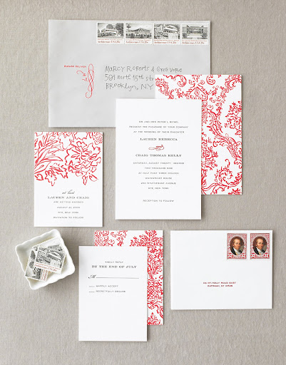 here is my stationery suite. I hand-painted a damask pattern that I then scanned and had letter-pressed. I also designed rubber stamps to use on the envelopes, and we chose vintage stamps for mailing. here is my stationery suite. I hand-painted a damask pattern that I then scanned and had letter-pressed. I also designed rubber stamps to use on the envelopes, and we chose vintage stamps for mailing.