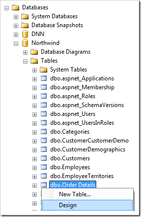 Design context menu option for Order Details table of the Northwind database. Design context menu option for Order Details table of the Northwind database.