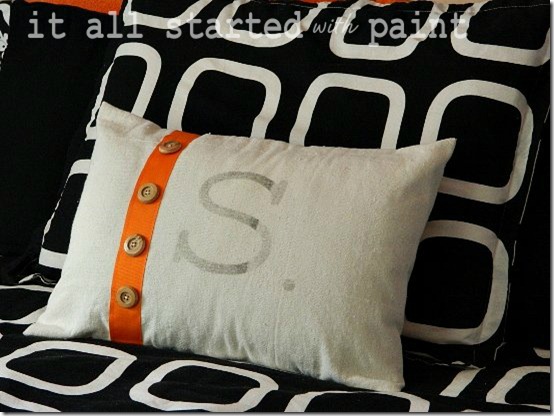 Teen Room orange gray black monogrammed drop cloth pillow 3